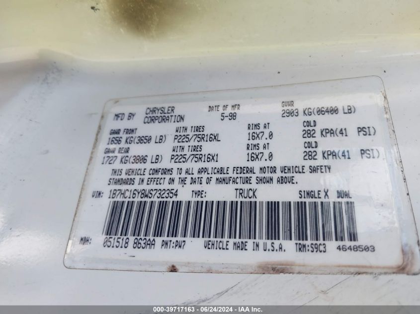 1998 Dodge Ram 1500 St VIN: 1B7HC16Y8WS732354 Lot: 39717163