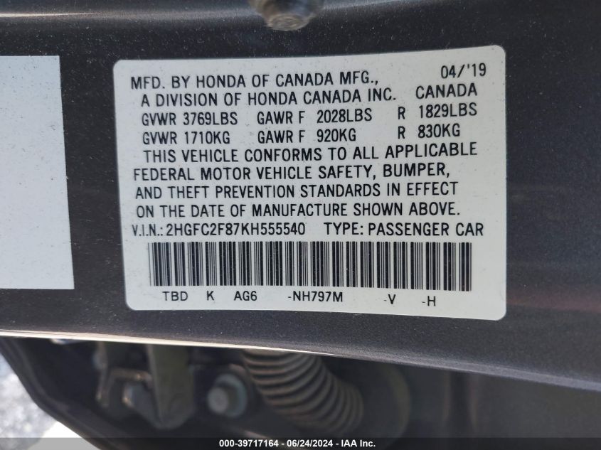 2019 Honda Civic Sport VIN: 2HGFC2F87KH555540 Lot: 39717164