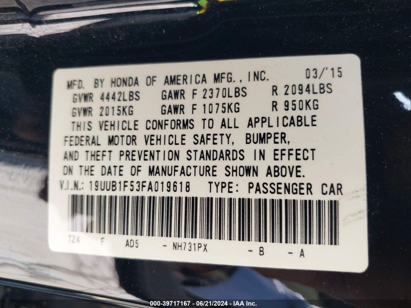 2015 Acura Tlx Tech VIN: 19UUB1F53FA019618 Lot: 39717167