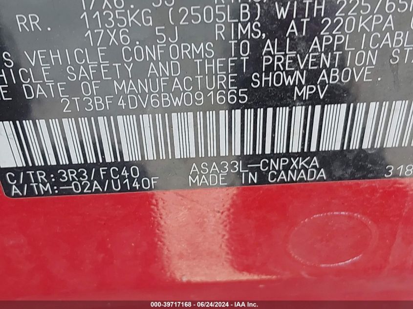 2011 Toyota Rav4 VIN: 2T3BF4DV6BW091665 Lot: 39717168