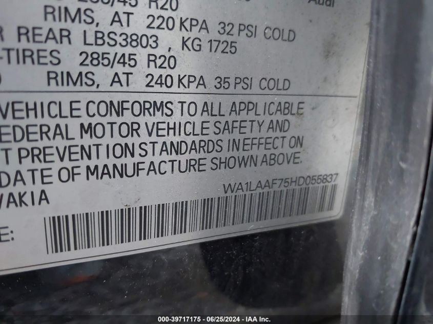 2017 Audi Q7 3.0T Premium VIN: WA1LAAF75HD055837 Lot: 39717175