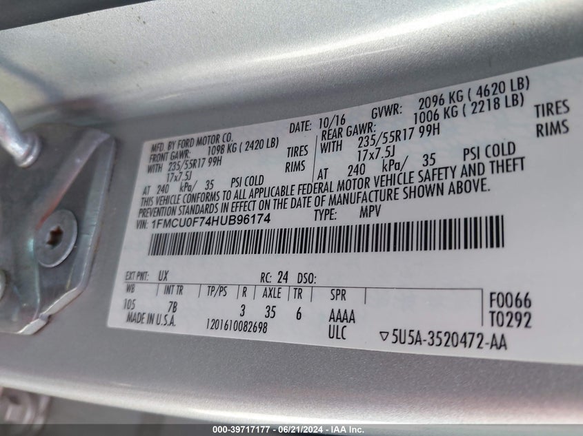 VIN 1FMCU0F74HUB96174 2017 FORD ESCAPE S