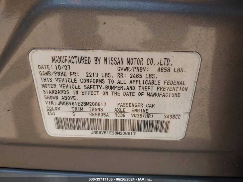 2008 Infiniti G35 Journey VIN: JNKBV61E28M208617 Lot: 39717186