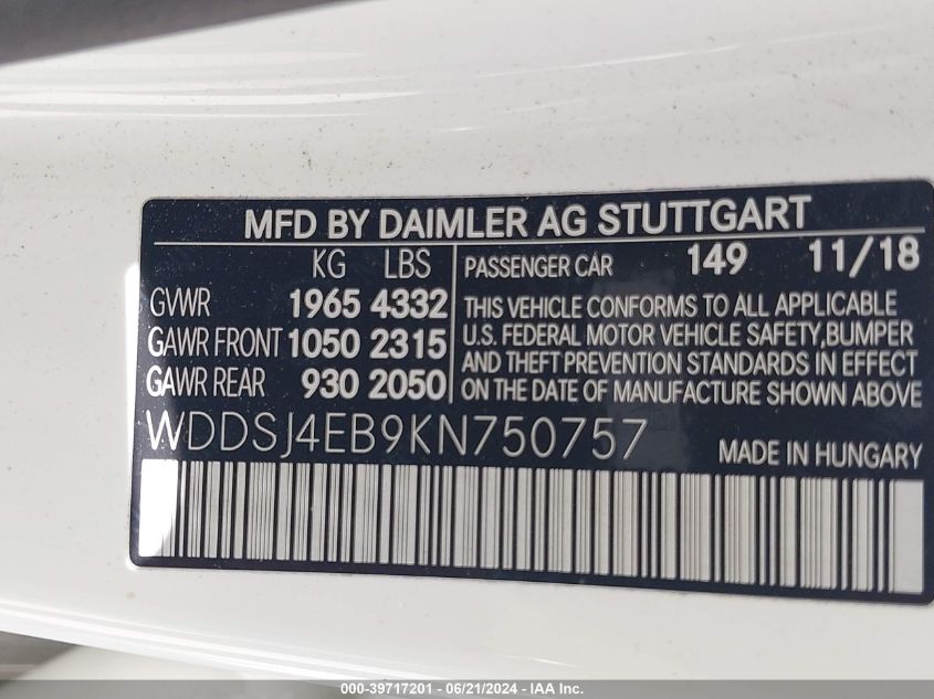 WDDSJ4EB9KN750757 2019 Mercedes-Benz Cla 250