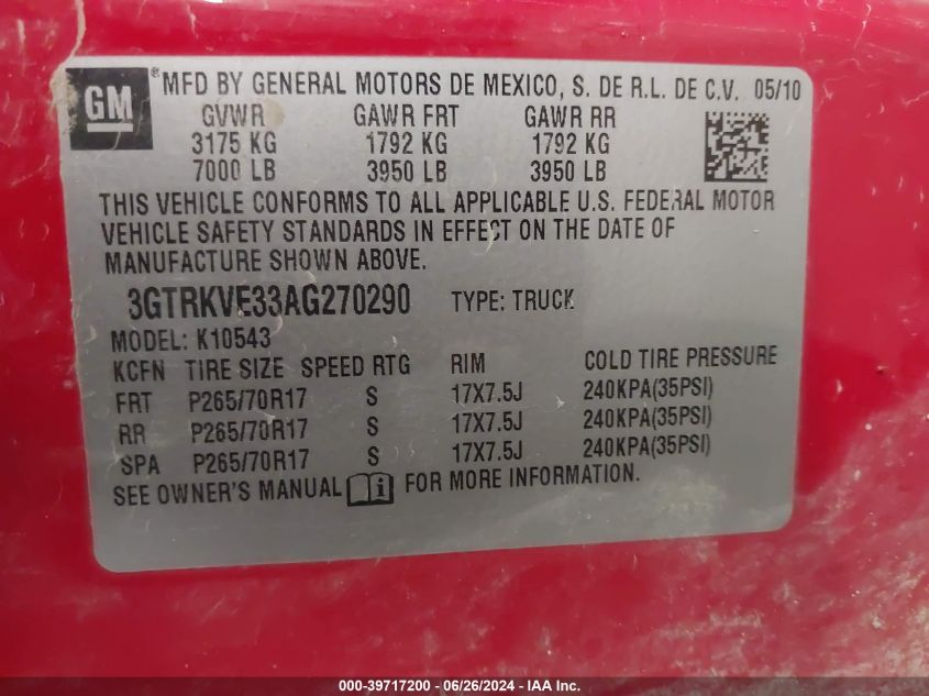 2010 GMC Sierra 1500 Sle VIN: 3GTRKVE33AG270290 Lot: 39717200