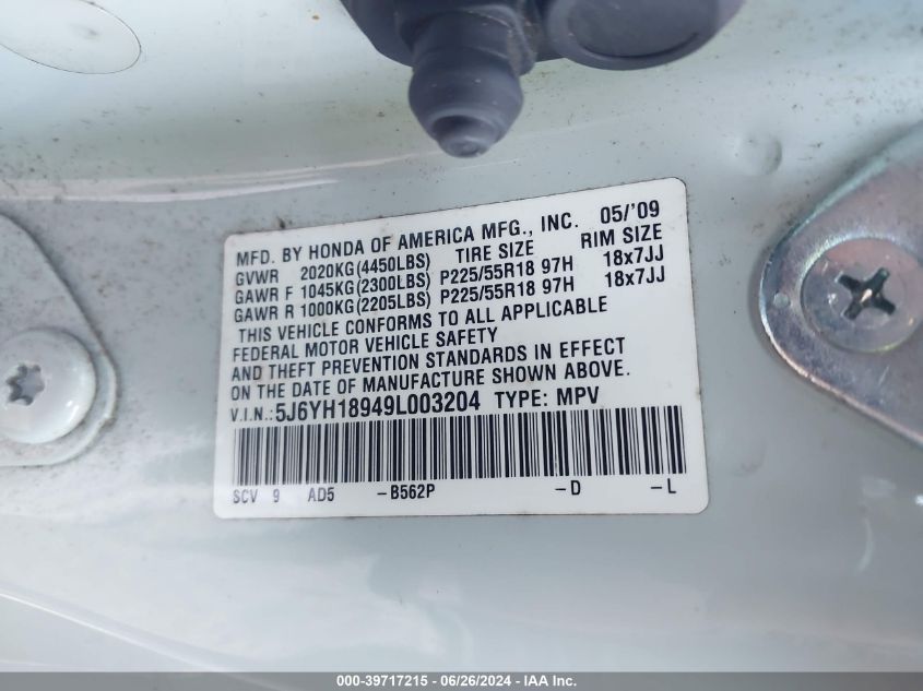 2009 Honda Element Sc VIN: 5J6YH18949L003204 Lot: 39717215