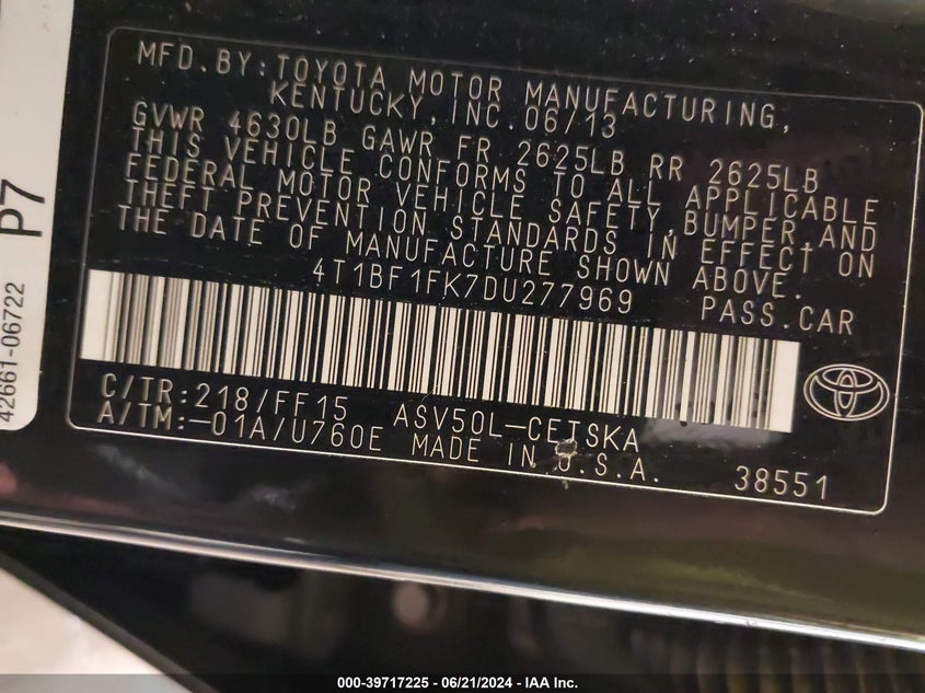 2013 Toyota Camry Se VIN: 4T1BF1FK7DU277969 Lot: 39717225