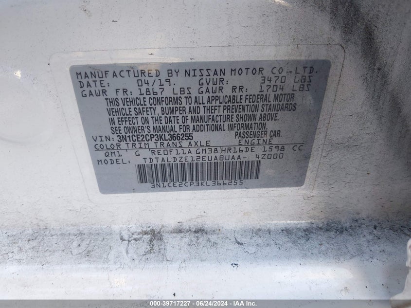 2019 Nissan Versa Note Sv VIN: 3N1CE2CP3KL366255 Lot: 39717227