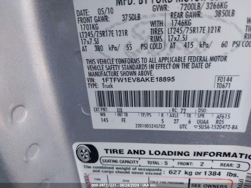 2010 Ford F-150 Fx4/Harley-Davidson/King Ranch/Lariat/Platinum/Xl/Xlt VIN: 1FTFW1EV8AKE18895 Lot: 39717231
