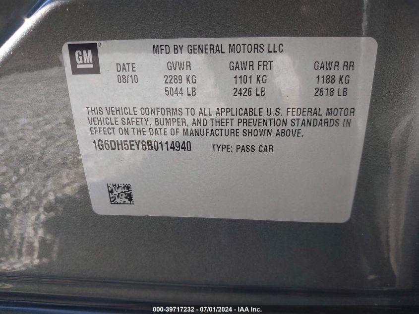 2011 Cadillac Cts Luxury VIN: 1G6DH5EY8B0114940 Lot: 39717232