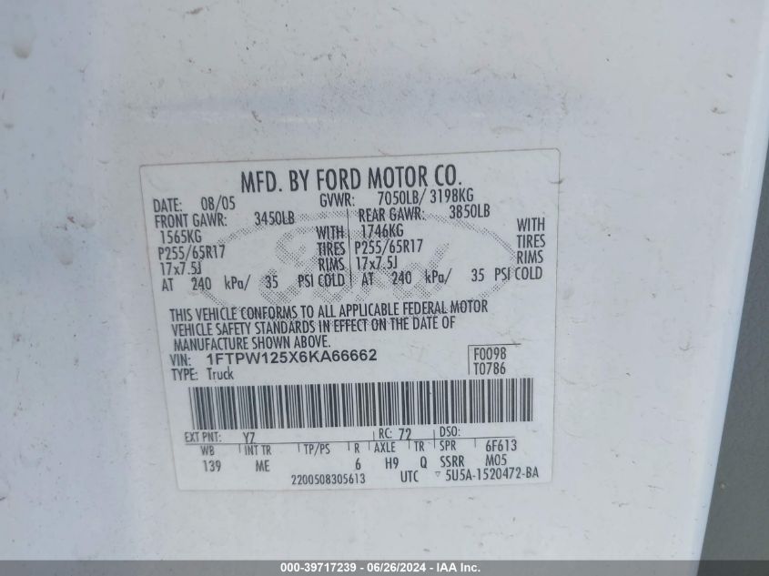 2006 Ford F150 Supercrew VIN: 1FTPW125X6KA66662 Lot: 39717239