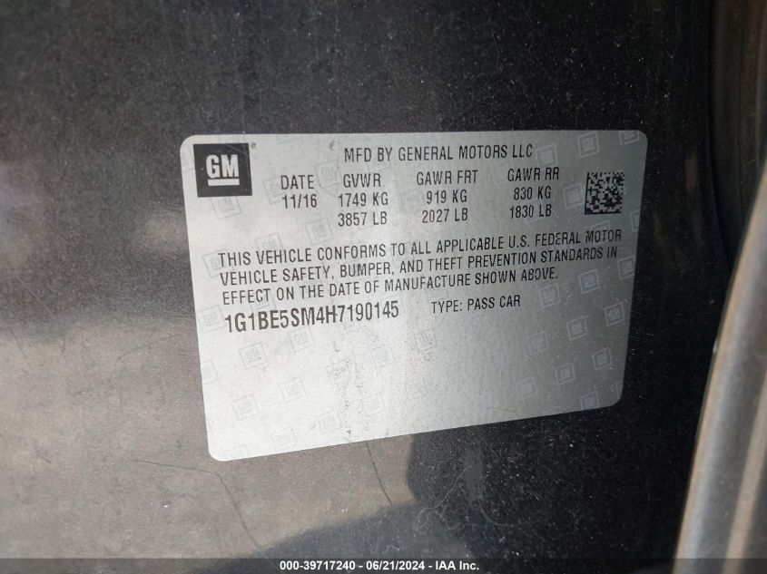 2017 Chevrolet Cruze Lt Auto VIN: 1G1BE5SM4H7190145 Lot: 39717240