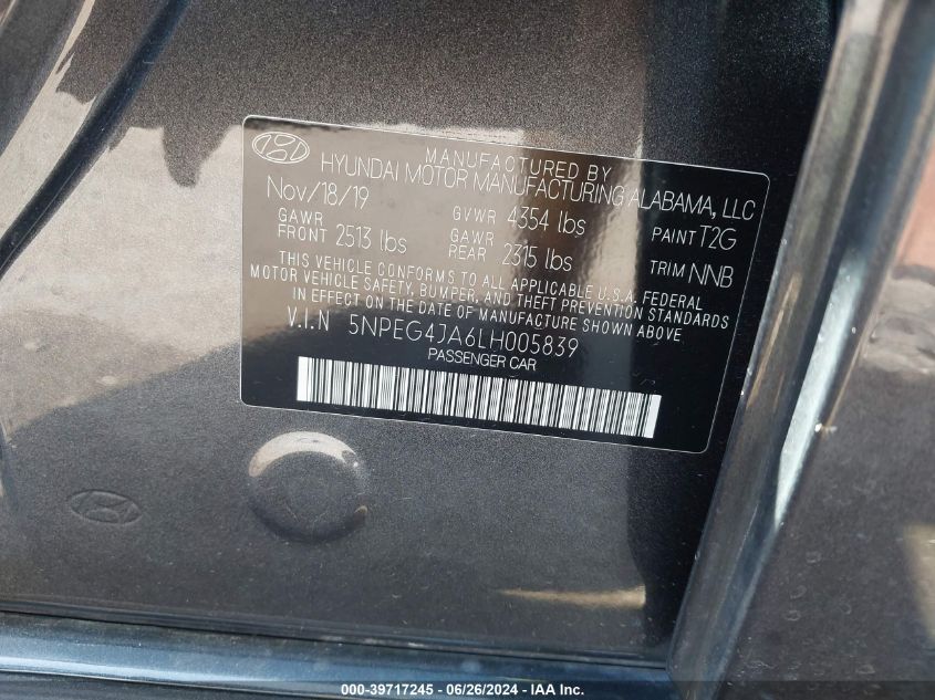 2020 Hyundai Sonata Se VIN: 5NPEG4JA6LH005839 Lot: 39717245