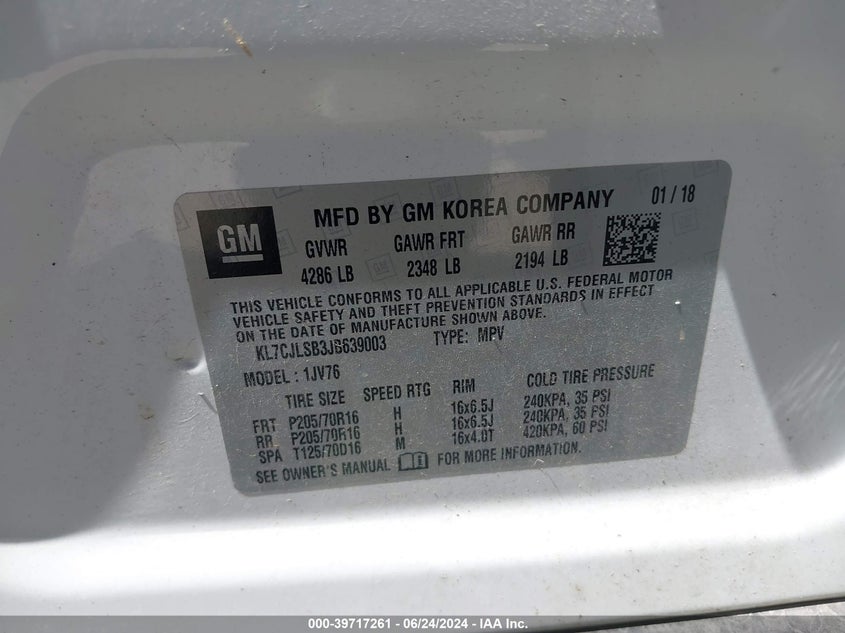 VIN KL7CJLSB3JB639003 2018 CHEVROLET TRAX LT