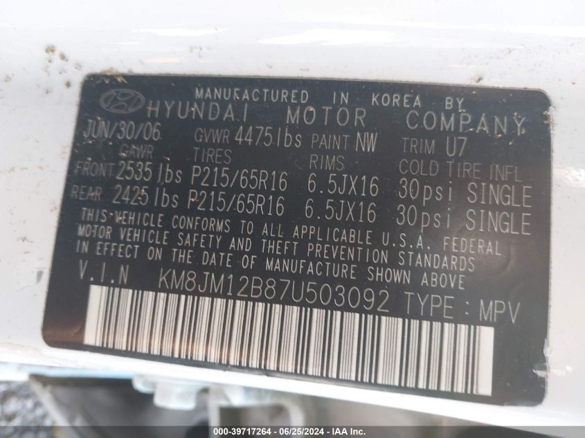2007 Hyundai Tucson Gl VIN: KM8JM12D87U503092 Lot: 39717264