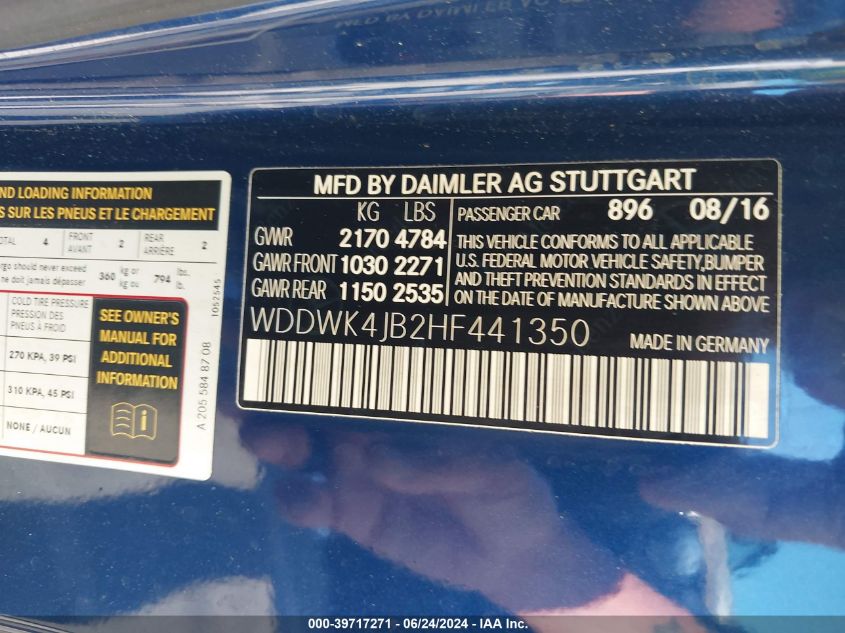 2017 Mercedes-Benz C 300 VIN: WDDWK4JB2HF441350 Lot: 39717271