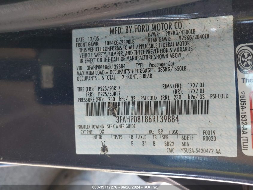 2006 Ford Fusion Sel VIN: 3FAHP08186R139884 Lot: 39717276