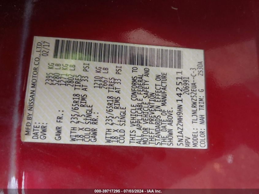 2017 Nissan Murano Sl VIN: 5N1AZ2MH9HN142511 Lot: 39717295