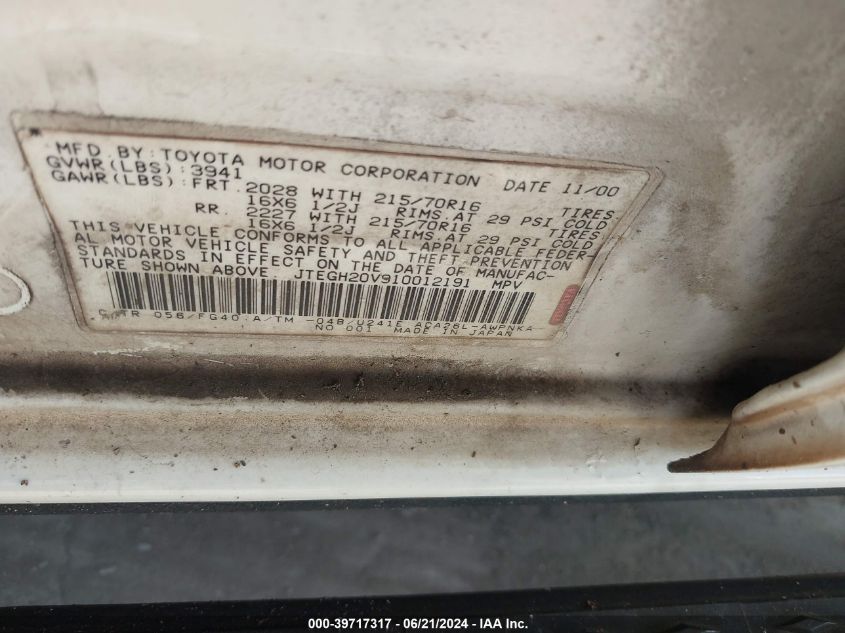 2001 Toyota Rav4 VIN: JTEGH20V910012191 Lot: 39717317