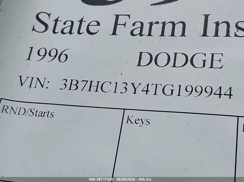 1996 Dodge Ram 1500 VIN: 3B7HC13Y4TG199944 Lot: 39717320