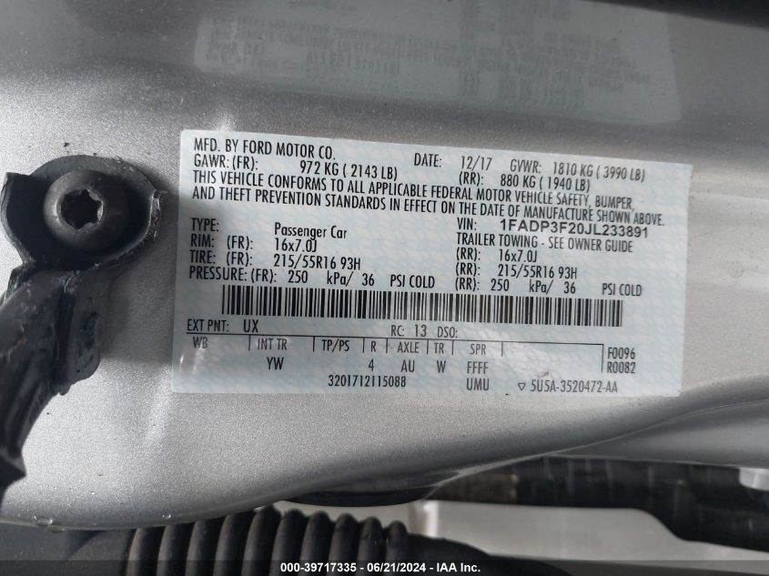 2018 Ford Focus Se VIN: 1FADP3F20JL233891 Lot: 39717335