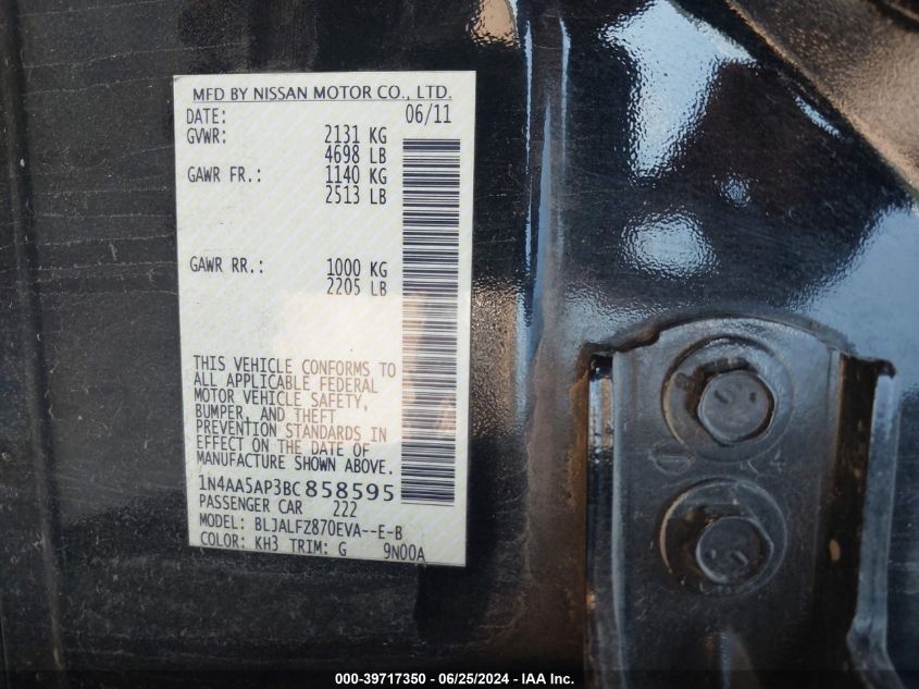 2011 Nissan Maxima S/Sv VIN: 1N4AA5AP3BC858595 Lot: 39717350