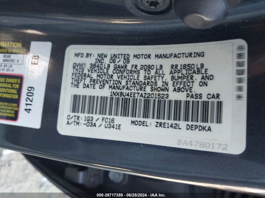 2010 Toyota Corolla S/Le/Xle VIN: 1NXBU4EE7AZ201523 Lot: 39717359