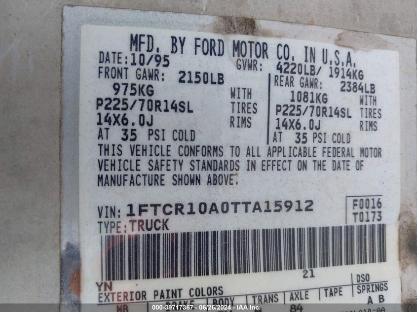 1996 Ford Ranger VIN: 1FTCR10A0TTA15912 Lot: 39717367