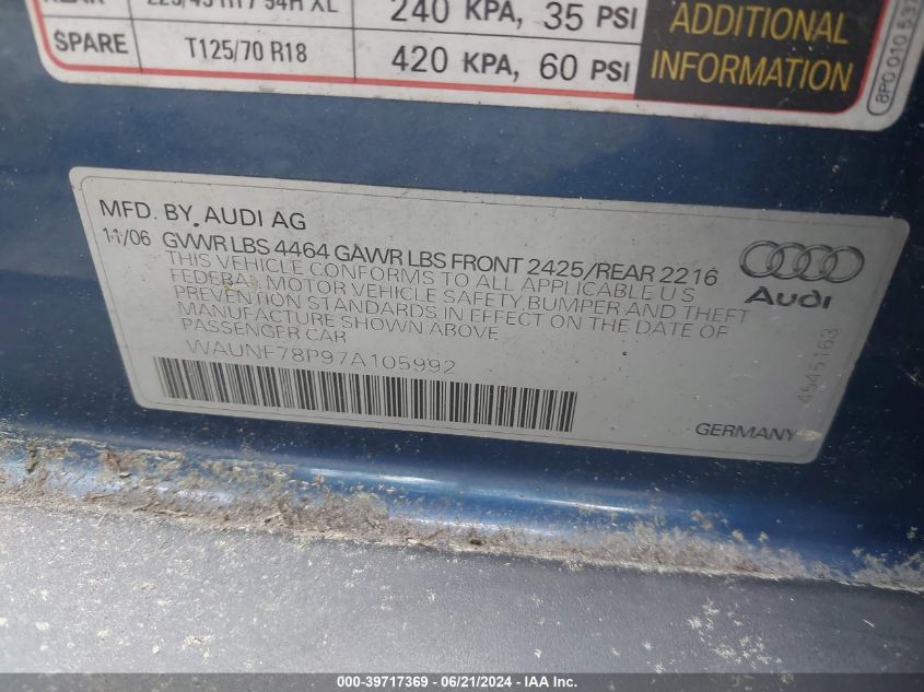 WAUNF78P97A105992 | 2007 AUDI A3