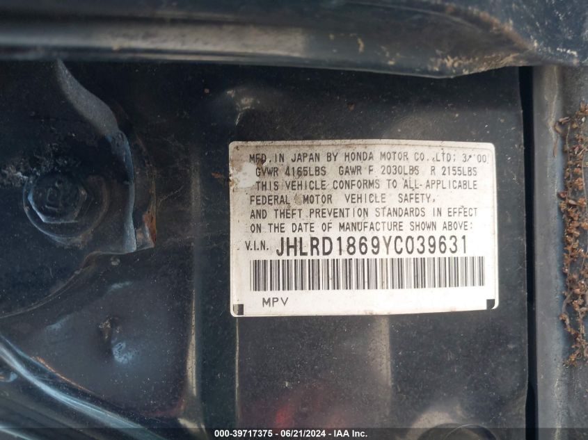 2000 Honda Cr-V Ex VIN: JHLRD1869YC039631 Lot: 39717375