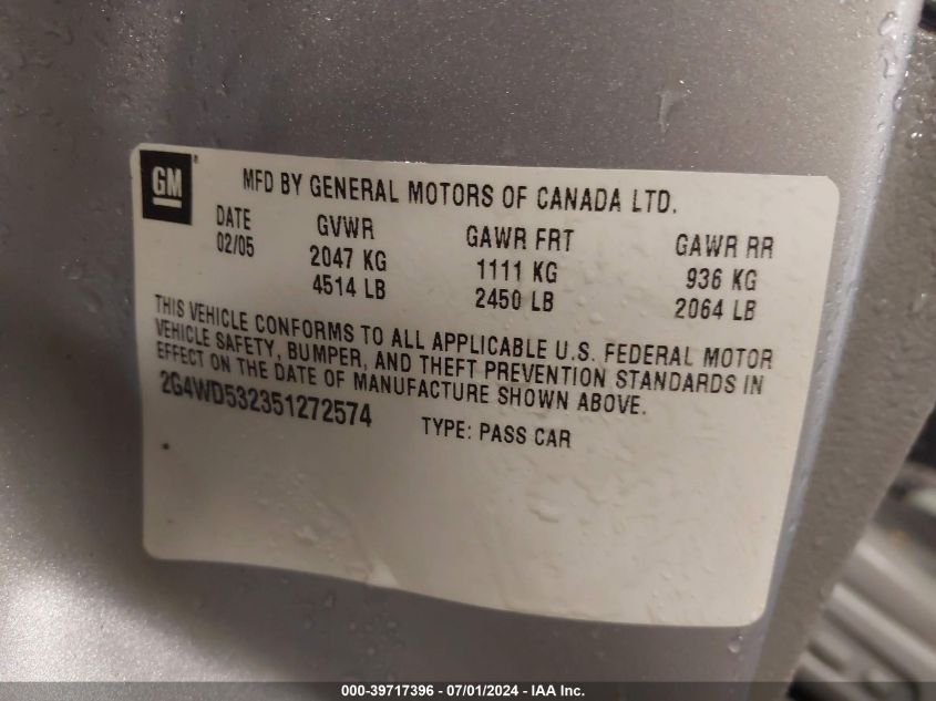 2005 Buick Lacrosse Cxl VIN: 2G4WD532351272574 Lot: 39717396
