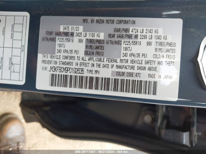 2023 Mazda Cx-5 2.5 S Carbon Edition VIN: JM3KFBCM9P0192635 Lot: 39717401