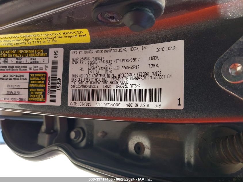 2016 Toyota Tacoma Dbl Cab/Sr/Sr5/Trd Spt/Or VIN: 5TFCZ5AN6GX007272 Lot: 39717406