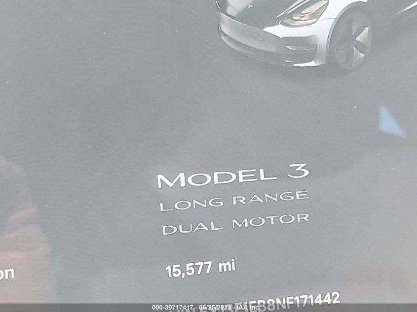 2022 Tesla Model 3 Long Range Dual Motor All-Wheel Drive VIN: 5YJ3E1EB8NF171442 Lot: 39717417