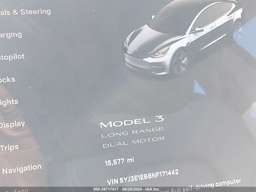 2022 Tesla Model 3 Long Range Dual Motor All-Wheel Drive VIN: 5YJ3E1EB8NF171442 Lot: 39717417