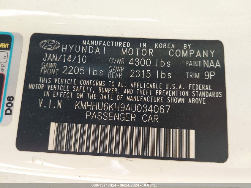 2010 Hyundai Genesis 3.8 VIN: KMHHU6KH9AU034067 Lot: 39717424