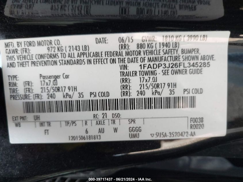 2015 Ford Focus Titanium VIN: 1FADP3J26FL345285 Lot: 39717437