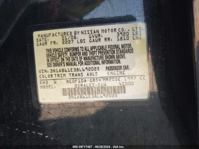 2008 Nissan Sentra 2.0/2.0S/2.0Sl VIN: 3N1AB61E38L692025 Lot: 39717457