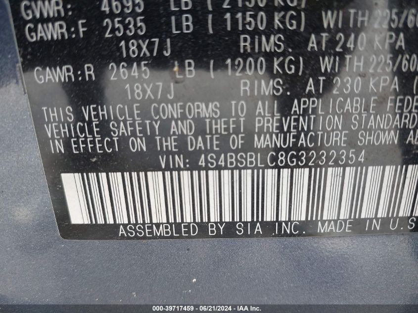 2016 Subaru Outback 2.5I Limited VIN: 4S4BSBLC8G3232354 Lot: 39717459