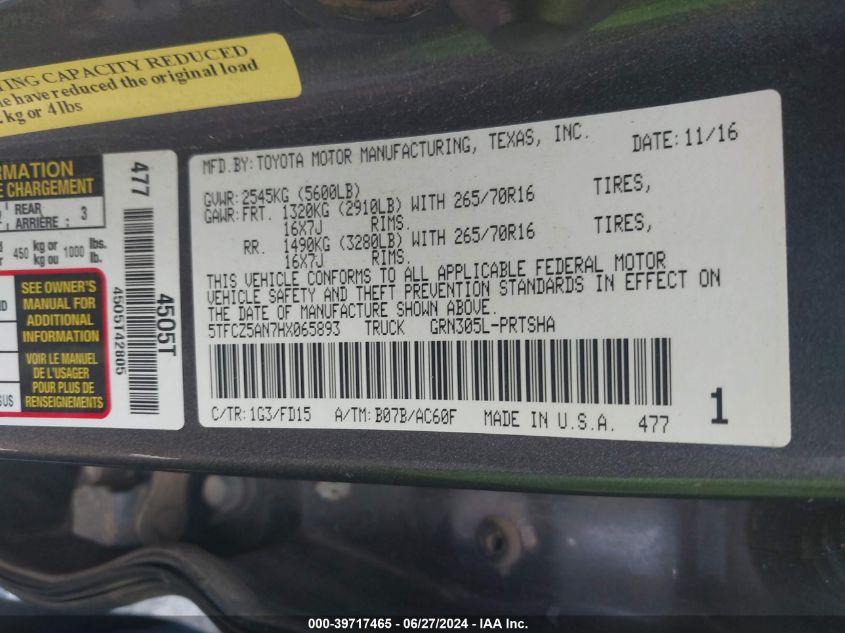 2017 Toyota Tacoma Dbl Cab/Sr/Trdspt/Or/Pro VIN: 5TFCZ5AN7HX065893 Lot: 39717465