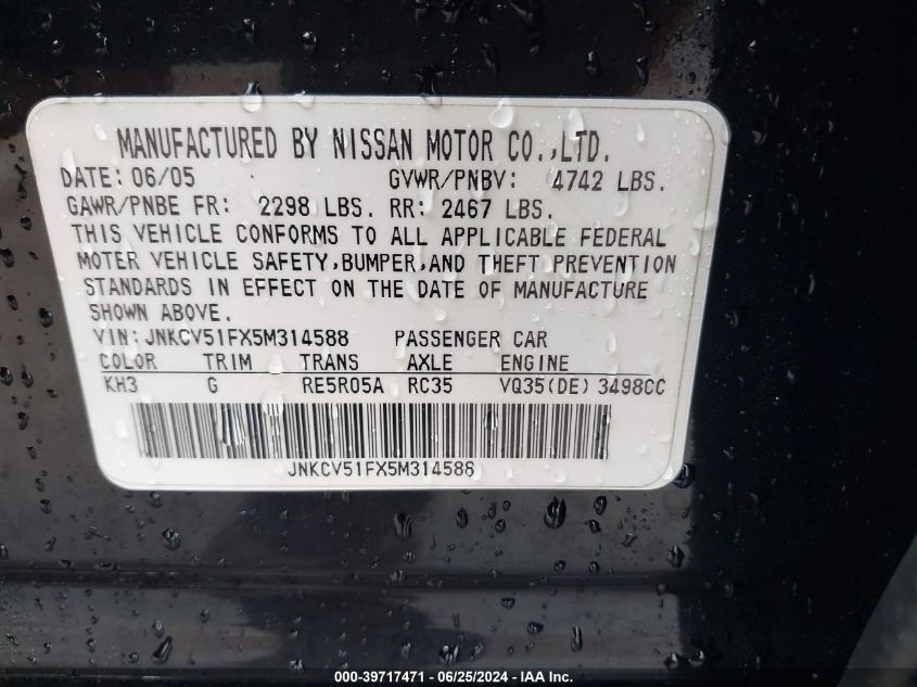 2005 Infiniti G35X VIN: JNKCV51FX5M314588 Lot: 39717471
