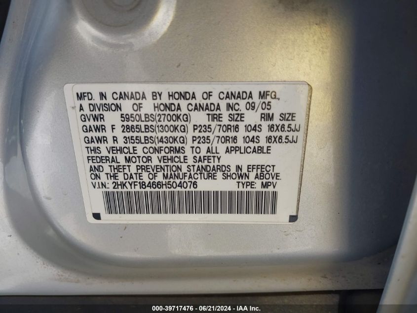 2006 Honda Pilot Ex VIN: 2HKYF18466H504076 Lot: 39717476