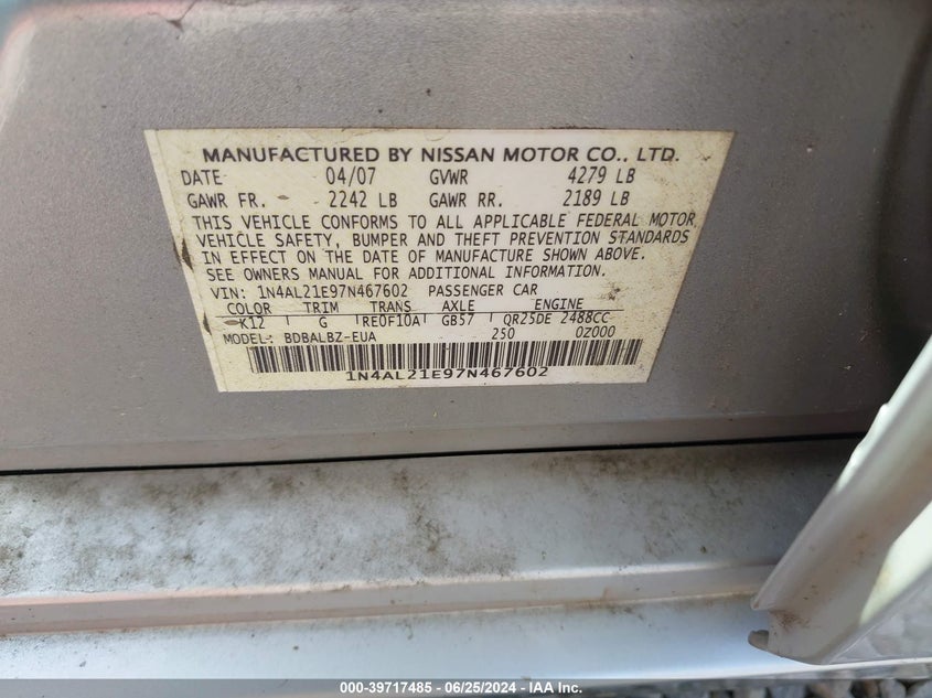 2007 Nissan Altima 2.5/2.5S VIN: 1N4AL21E97N467602 Lot: 39717485