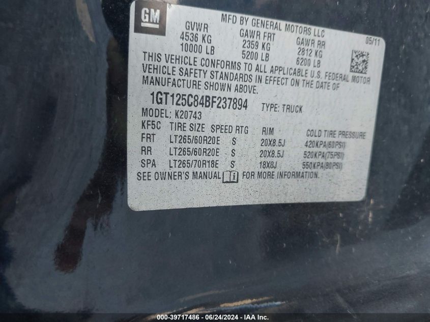 2011 GMC Sierra 2500Hd Denali VIN: 1GT125C84BF237894 Lot: 39717486