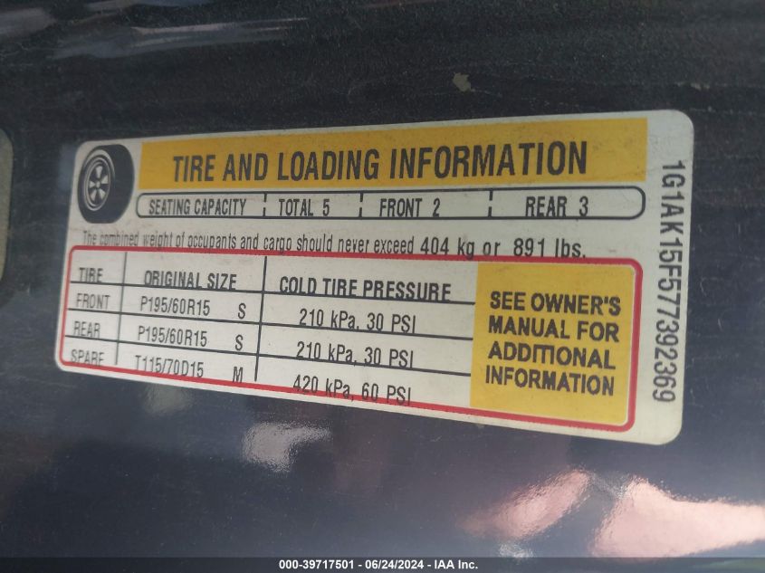 2007 Chevrolet Cobalt Ls VIN: 1G1AK15F577392369 Lot: 39717501