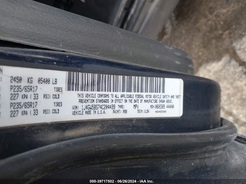 2004 Jeep Grand Cherokee Limited VIN: 1J4GW58S74C204499 Lot: 39717502