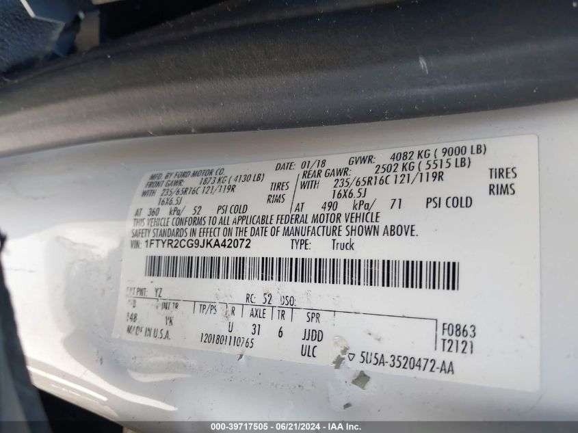 2018 Ford Transit-250 VIN: 1FTYR2CG9JKA42072 Lot: 39717505