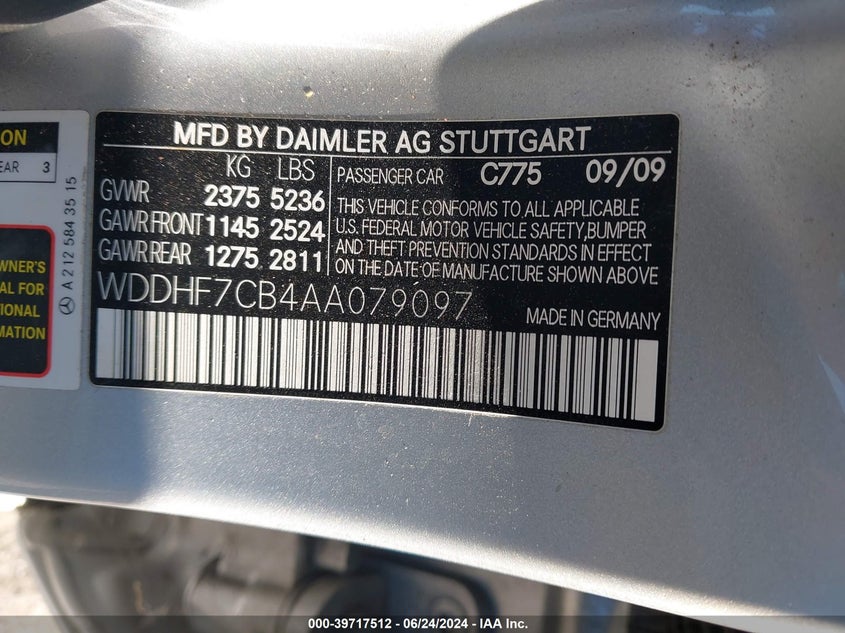 2010 Mercedes-Benz E 550 VIN: WDDHF7CB4AA079097 Lot: 39717512