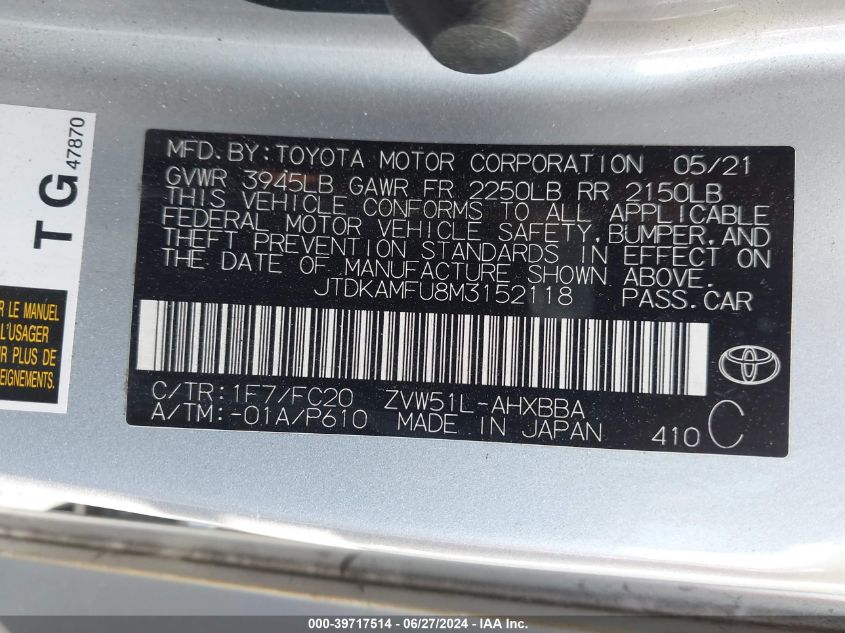 2021 Toyota Prius Special Edition/L/Le/Xle/Limited VIN: JTDKAMFU8M3152118 Lot: 39717514