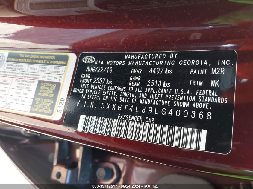 2020 Kia Optima Lx VIN: 5XXGT4L39LG400368 Lot: 39717517